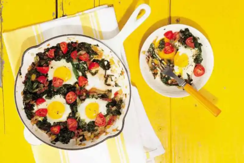 Chard Breakfast Skillet with Egg, Onion, and Tomato